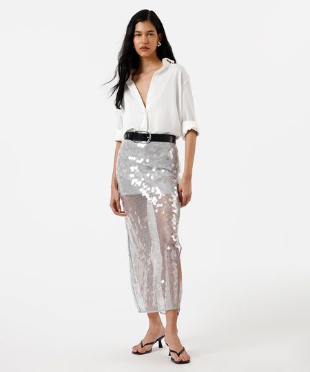 saia midi feminina de paetê com fendas cinza 40