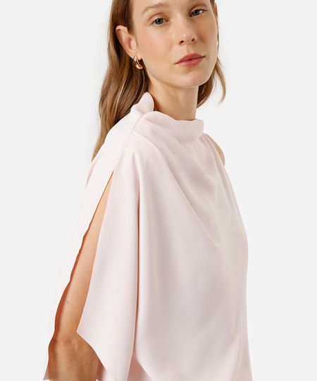 blusa feminina assimétrica com pregas acetinada rosa PP