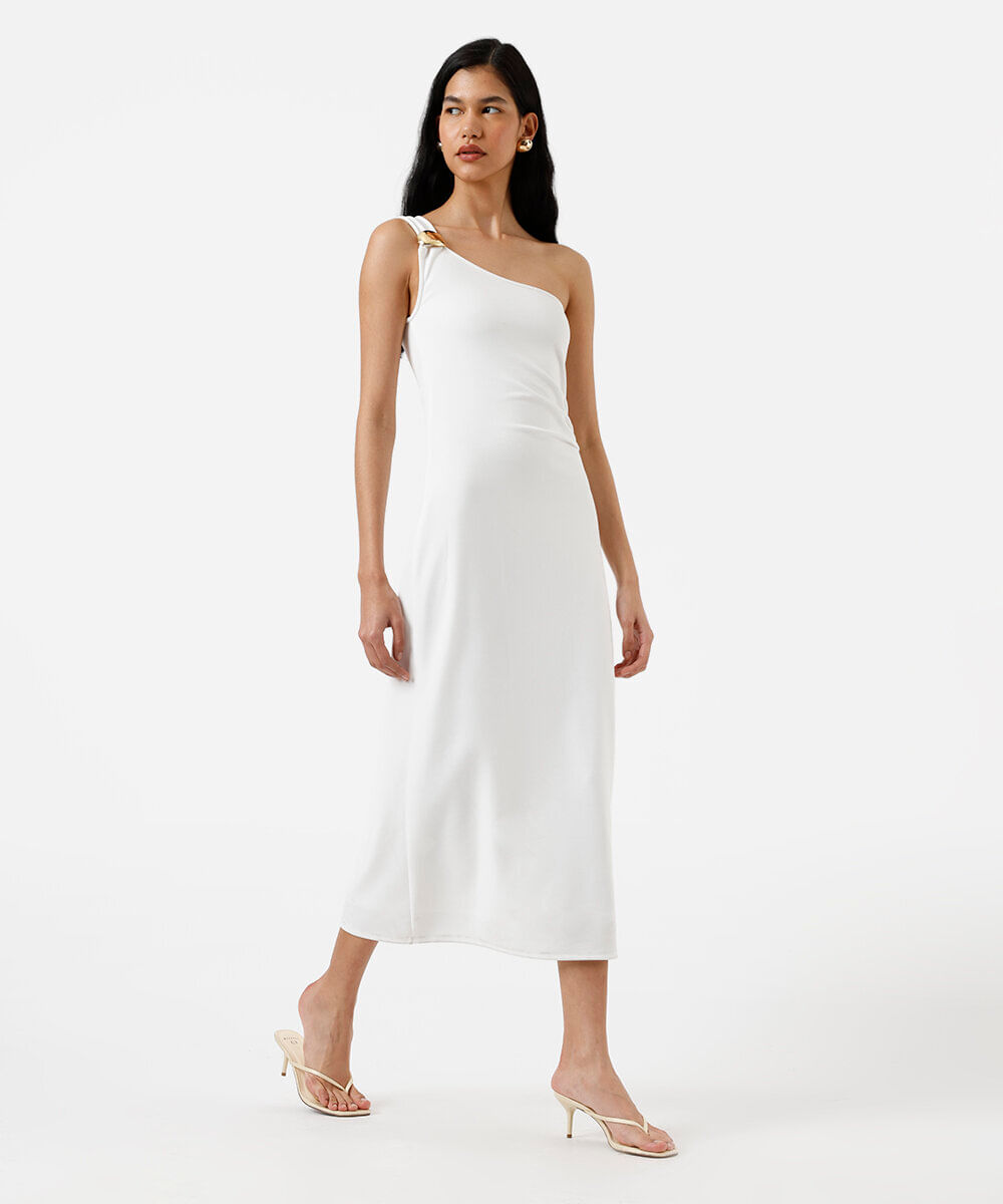 vestido midi feminino ombro único franzido off white