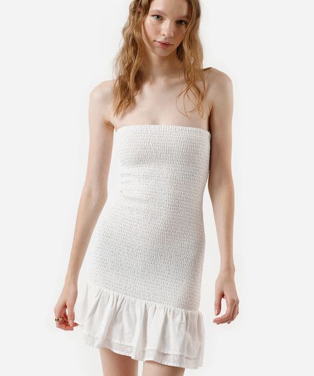 vestido curto feminino de algodão franzido com babado off white P