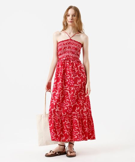 vestido midi alça fina feminino de algodão com recorte floral vermelho PP vestido midi alça fina feminino de algodão com recorte floral vermelho PP