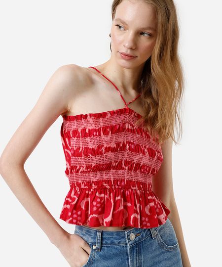 blusa alça fina feminina de algodão franzida floral vermelha P