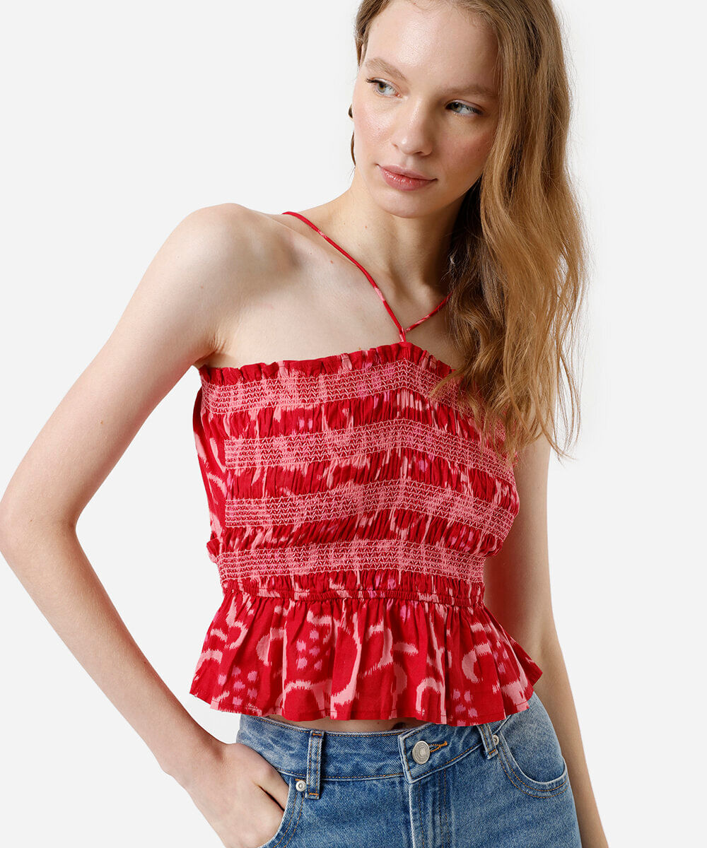 blusa alça fina feminina de algodão franzida floral vermelha