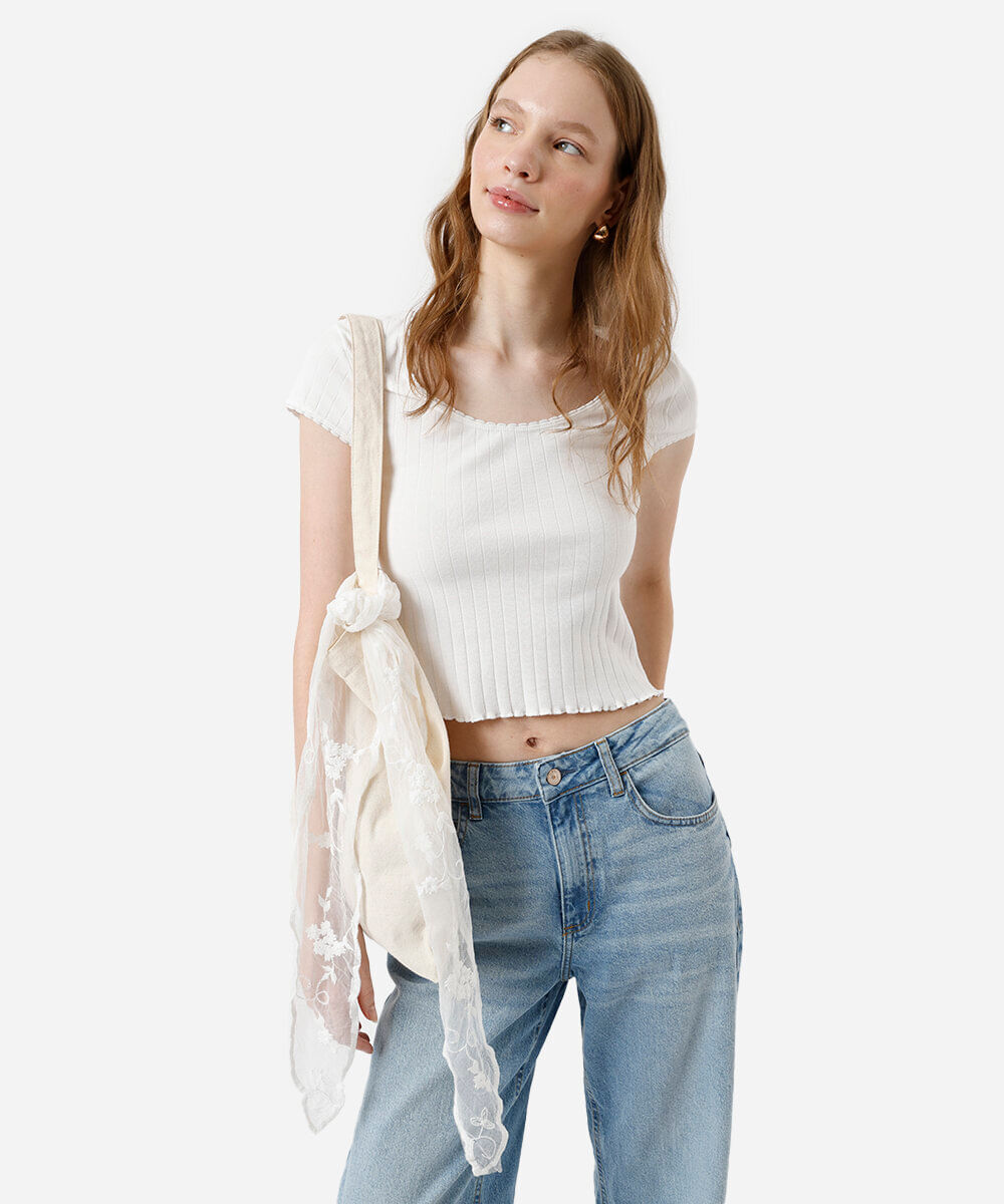 blusa baby look feminina de algodão canelado off white
