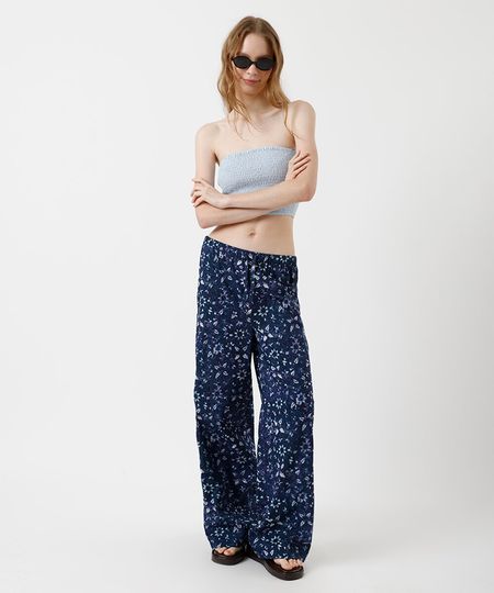 calça pijama feminina de algodão cós elástico floral azul PP