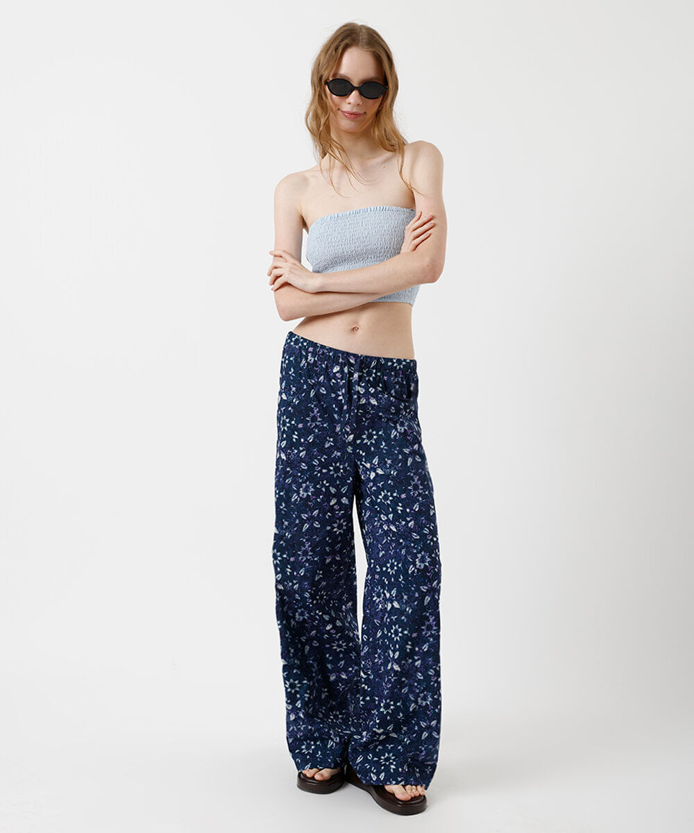 calça estilo pijama feminina de algodão cós elástico floral azul