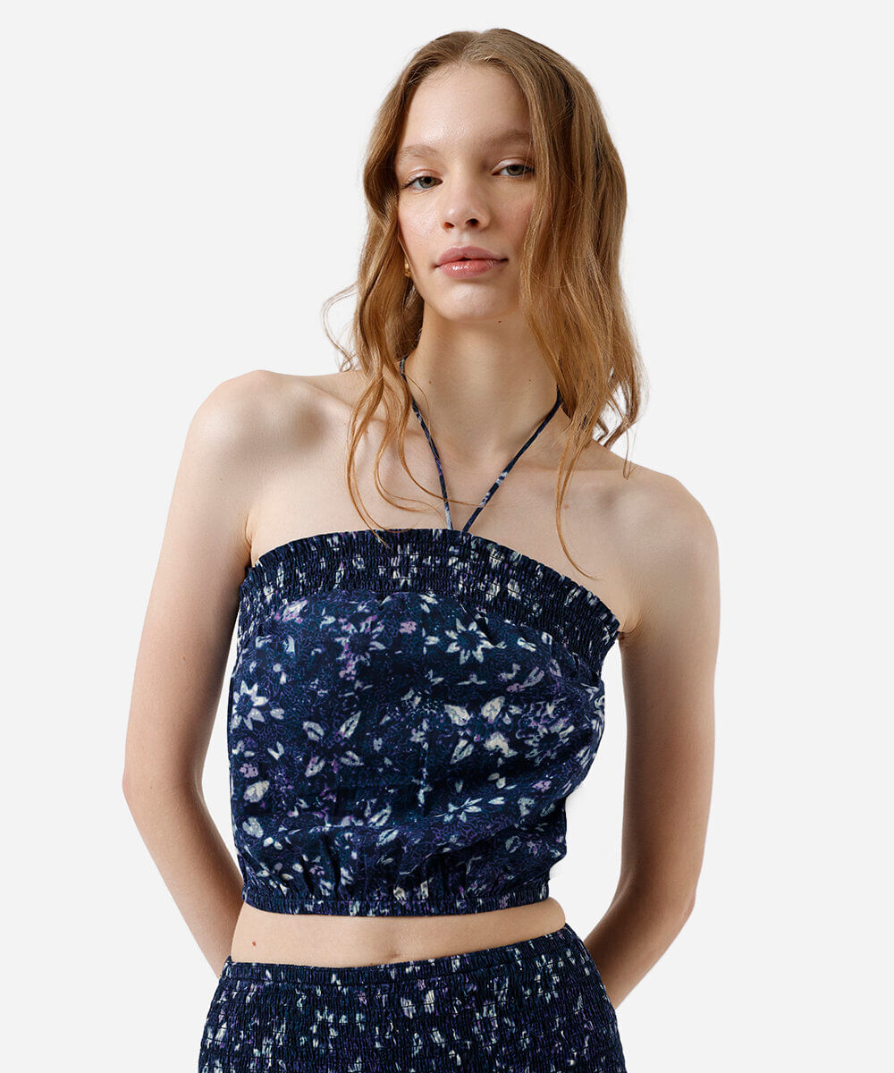 top sem alça feminino de algodão franzido azul