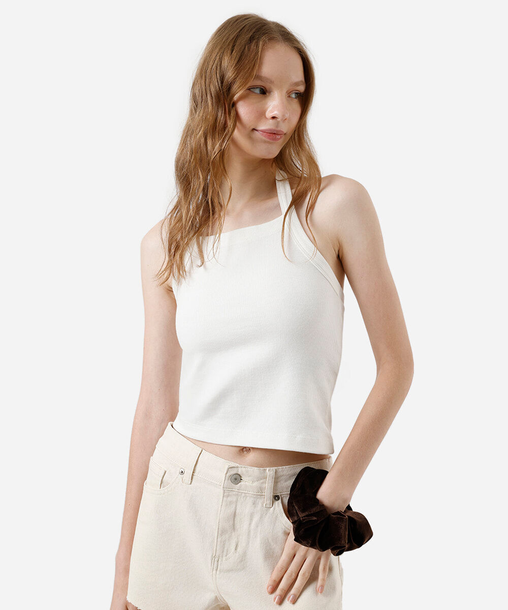 cropped frente única feminino de algodão canelado off white