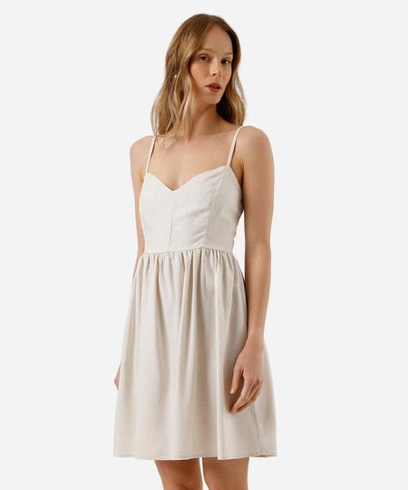 vestido curto alça fina feminino com linho decote coração bege M