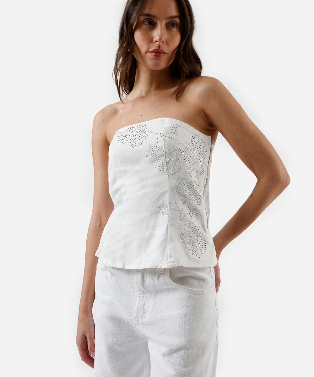 blusa sem alça feminina de sarja com brilhos off white