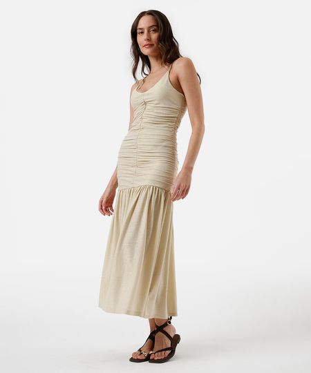 vestido midi alça fina feminino franzido bege M