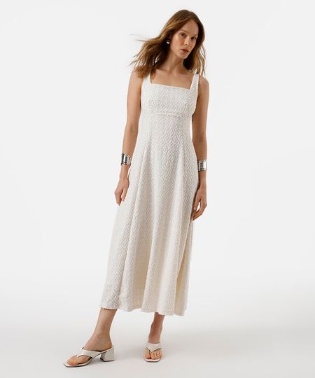 vestido midi feminino decote quadrado floral texturizado off white M