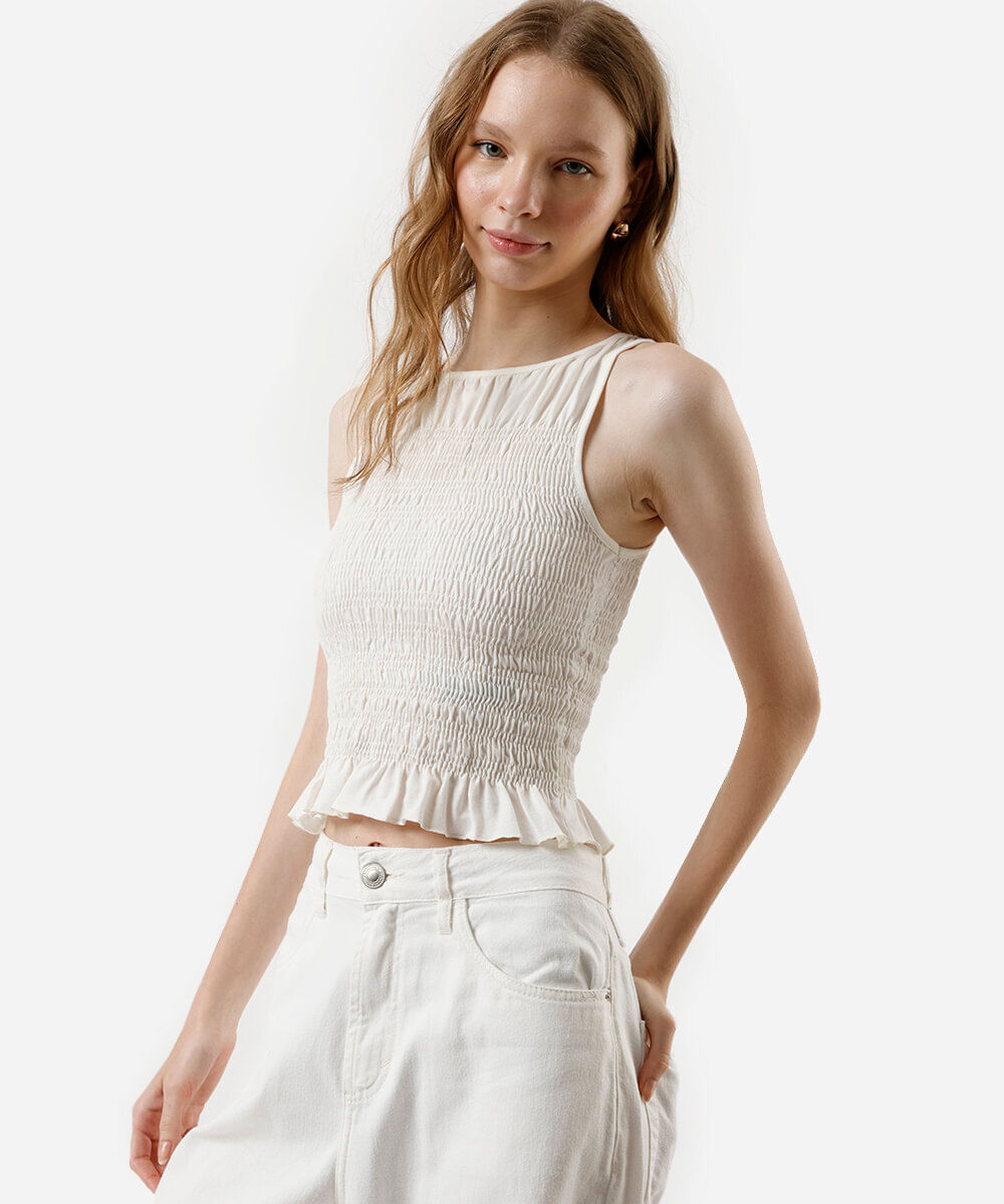 regata feminina de algodão franzida off white