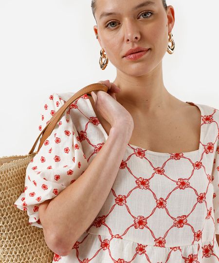 blusa peplum feminina de viscose com linho e mangas bufantes off white P