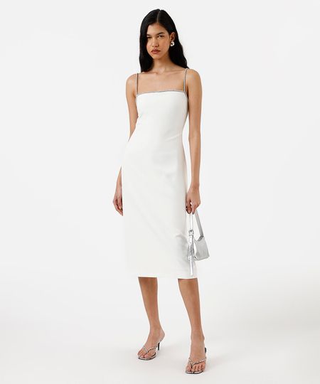 vestido midi alça fina feminino com brilhos e fenda off white P vestido midi alça fina feminino com brilhos e fenda off white P