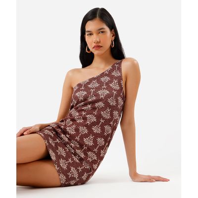 vestido curto feminino ombro único folhagens marrom
