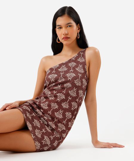 vestido curto feminino ombro único folhagens marrom P