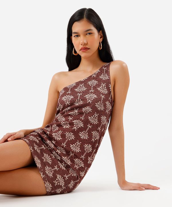 vestido curto feminino ombro único folhagens marrom M