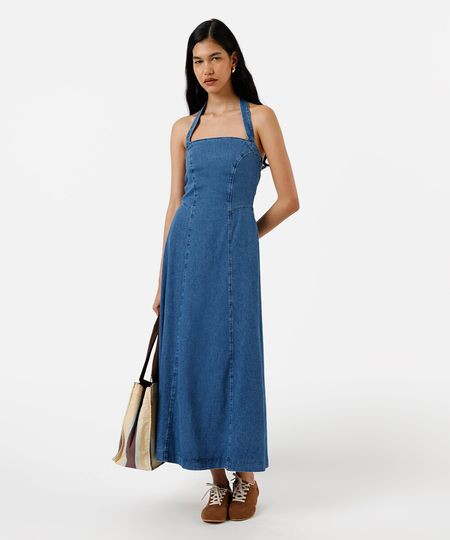 vestido midi feminino jeans frente única com recortes azul P