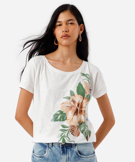 blusa feminina de algodão manga curta floral off white PP