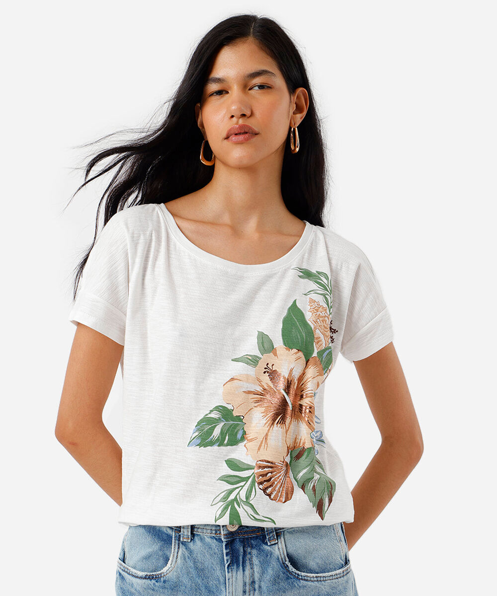 blusa feminina de algodão manga curta floral off white