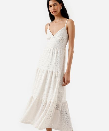 vestido longo feminino de laise com amarração floral off white M