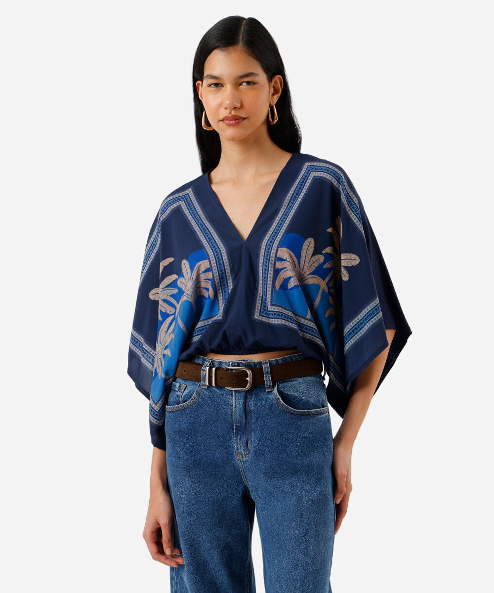 bata feminina com viscose decote v folhagens azul