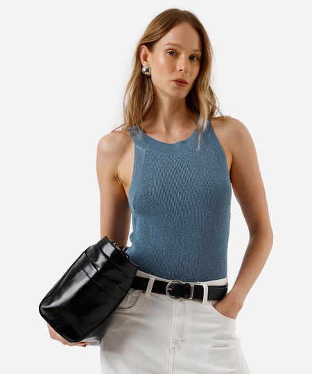 regata feminina de tricot halterneck metalizada azul PP regata feminina de tricot halterneck metalizada azul PP