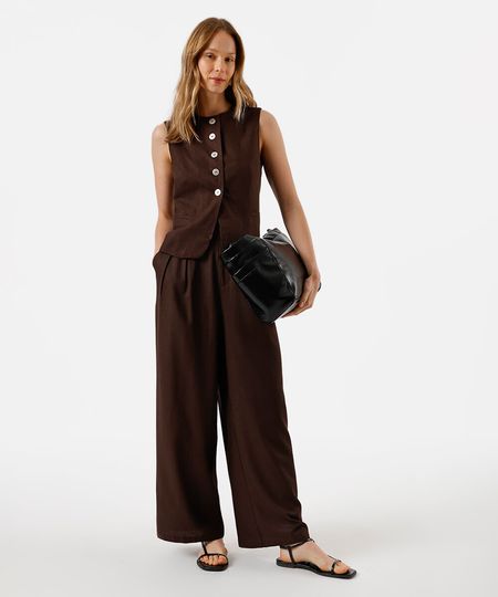 calça pantalona feminina com linho e pregas cós elástico marrom 36