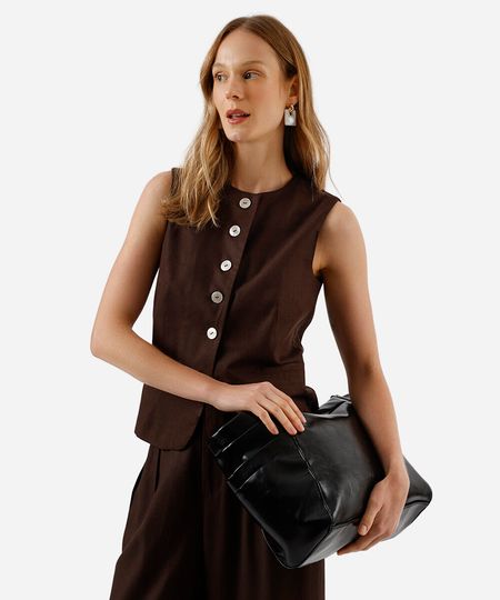 colete de alfaiataria feminino com linho marrom PP