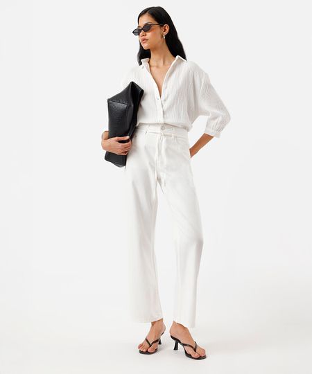 calça wide leg slim feminina de sarja com cordão off white 44