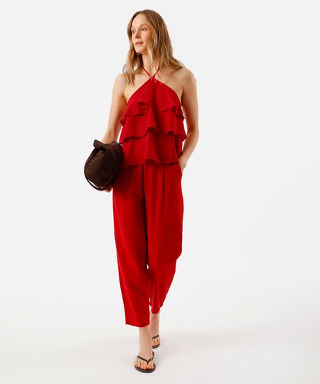 calça feminina com linho e pregas cós elástico vermelha 42 calça feminina com linho e pregas cós elástico vermelha 42