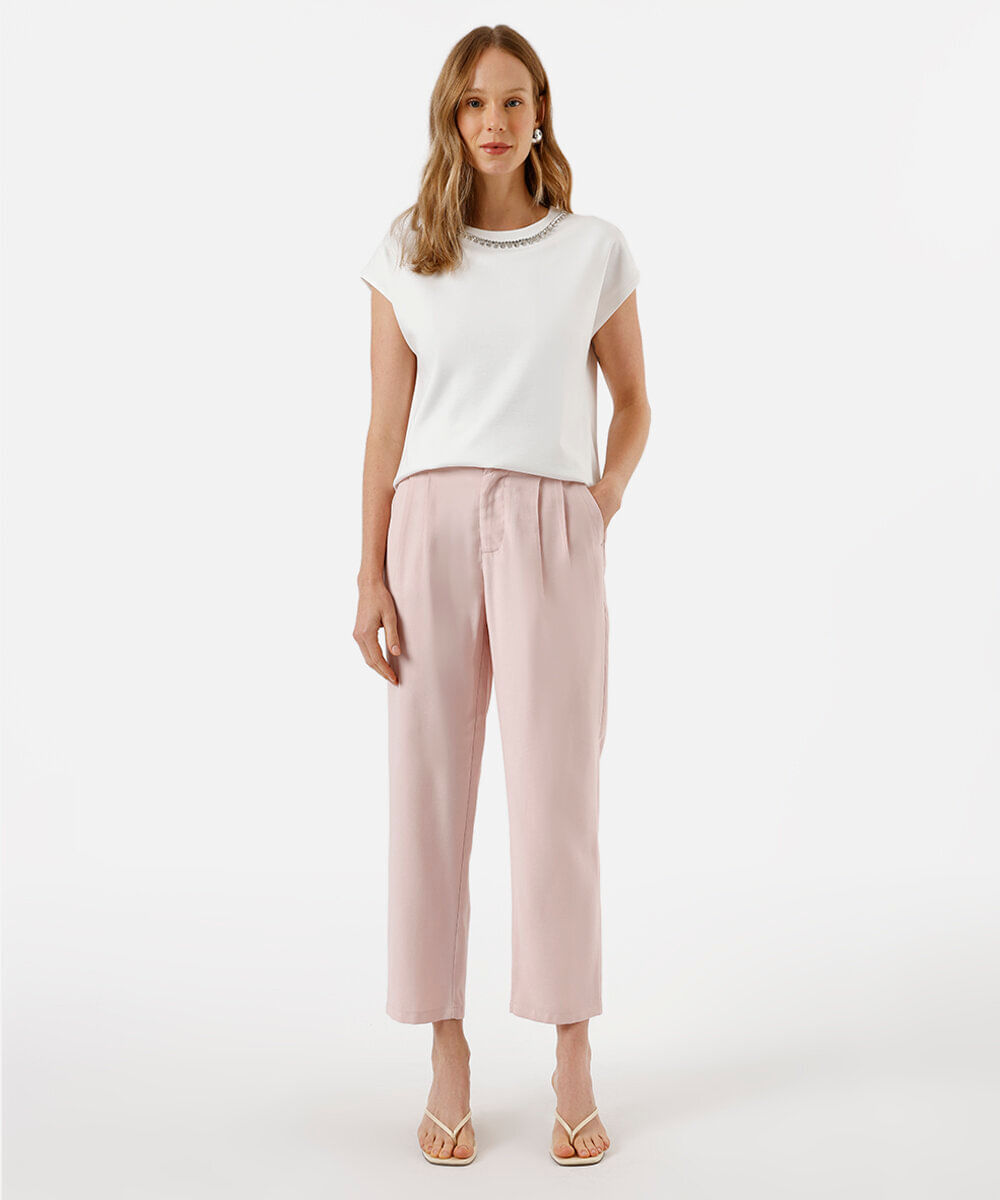 calça reta feminina com viscose e pregas cós elástico rosa