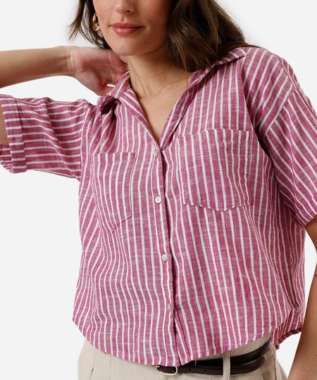 camisa feminina de algodão com bolsos listrada rosa PP camisa feminina de algodão com bolsos listrada rosa PP