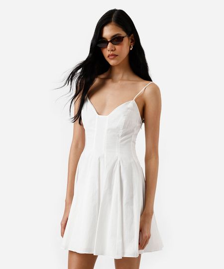 vestido curto alça fina feminino de algodão decote coração com recortes off white GG