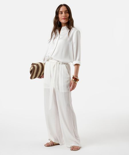 calça wide leg feminina de viscose com lurex texturizada off white GG calça wide leg feminina de viscose com lurex texturizada off white GG