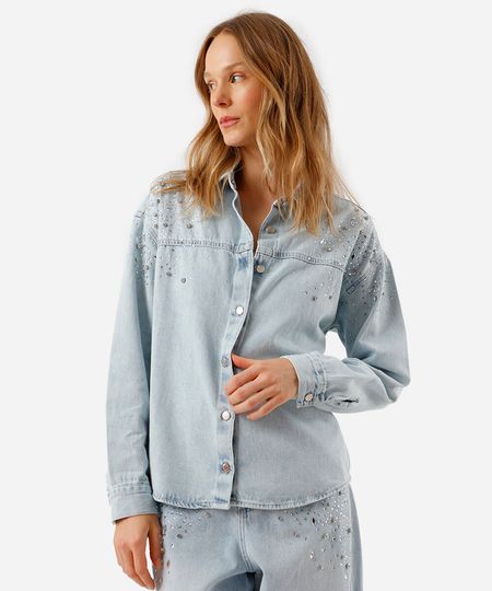 camisa feminina jeans com brilhos azul M