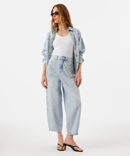 calça baggy feminina jeans com brilhos azul 36