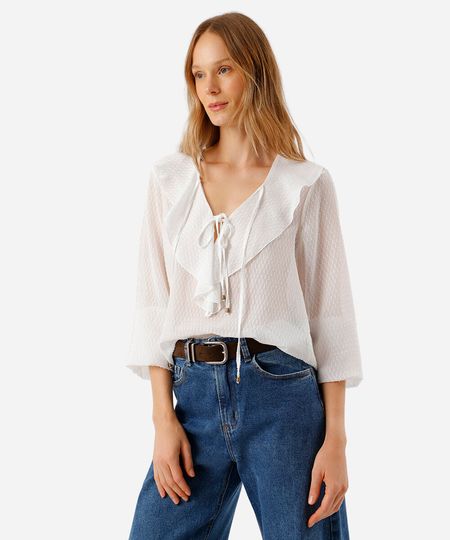 bata feminina com babado texturizada off white PP bata feminina com babado texturizada off white PP