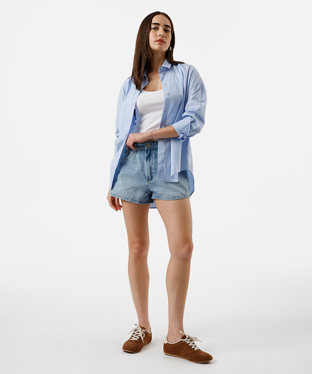 short curto feminino jeans cintura média azul