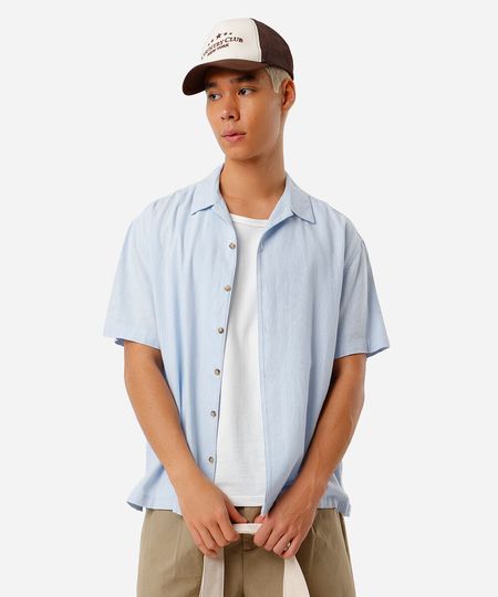 camisa masculina com linho manga curta azul G camisa masculina com linho manga curta azul G