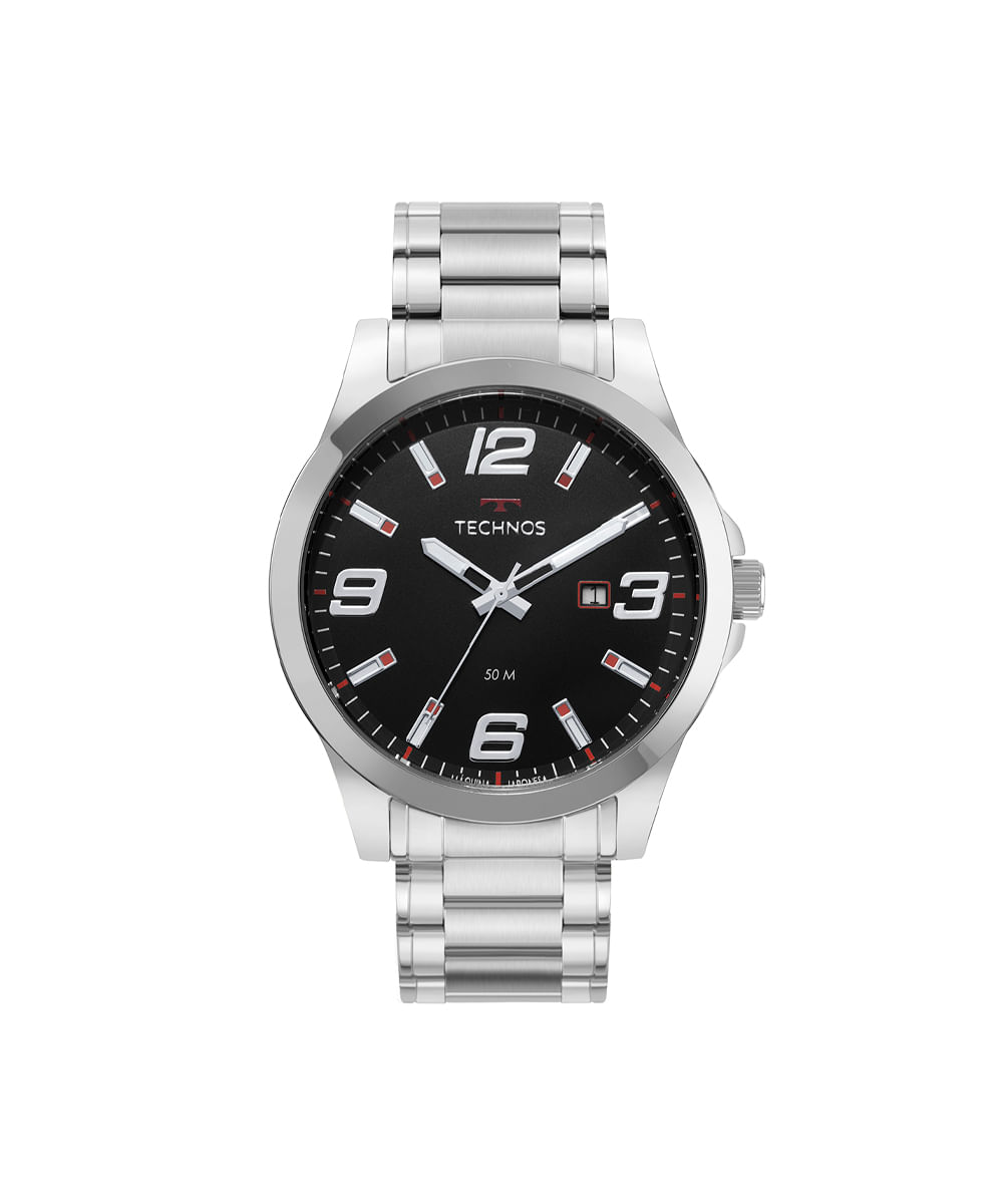 kit relógio masculino technos analógico calendário 2115mols k1p prateado