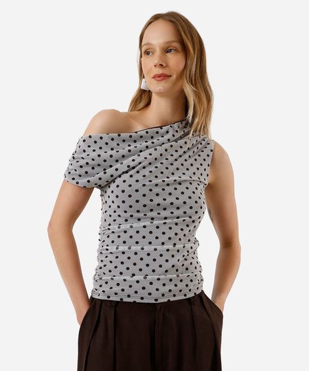 blusa assimétrica feminina de tule poá franzida off white PP