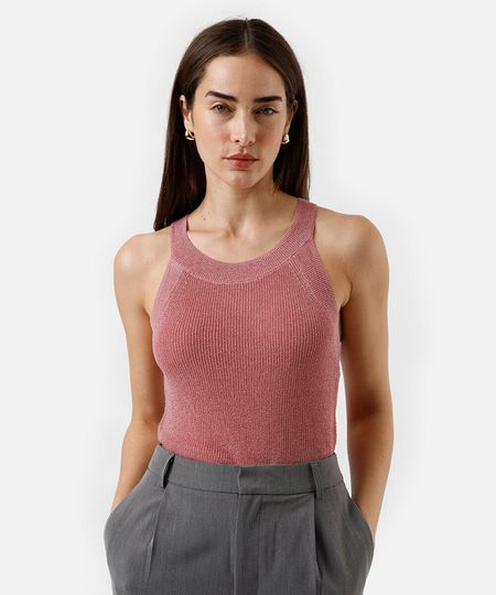 regata feminina de tricot halterneck metalizada rosa PP