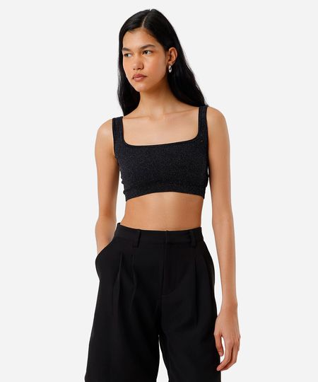 top básico feminino com lurex decote quadrado preto P