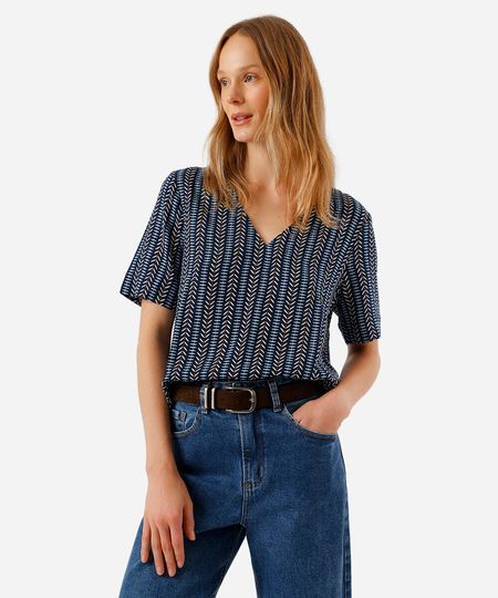 blusa feminina de viscose decote v étnica azul PP