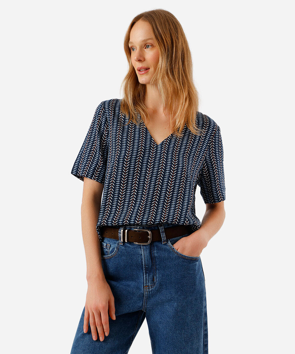 blusa feminina de viscose decote v étnica azul
