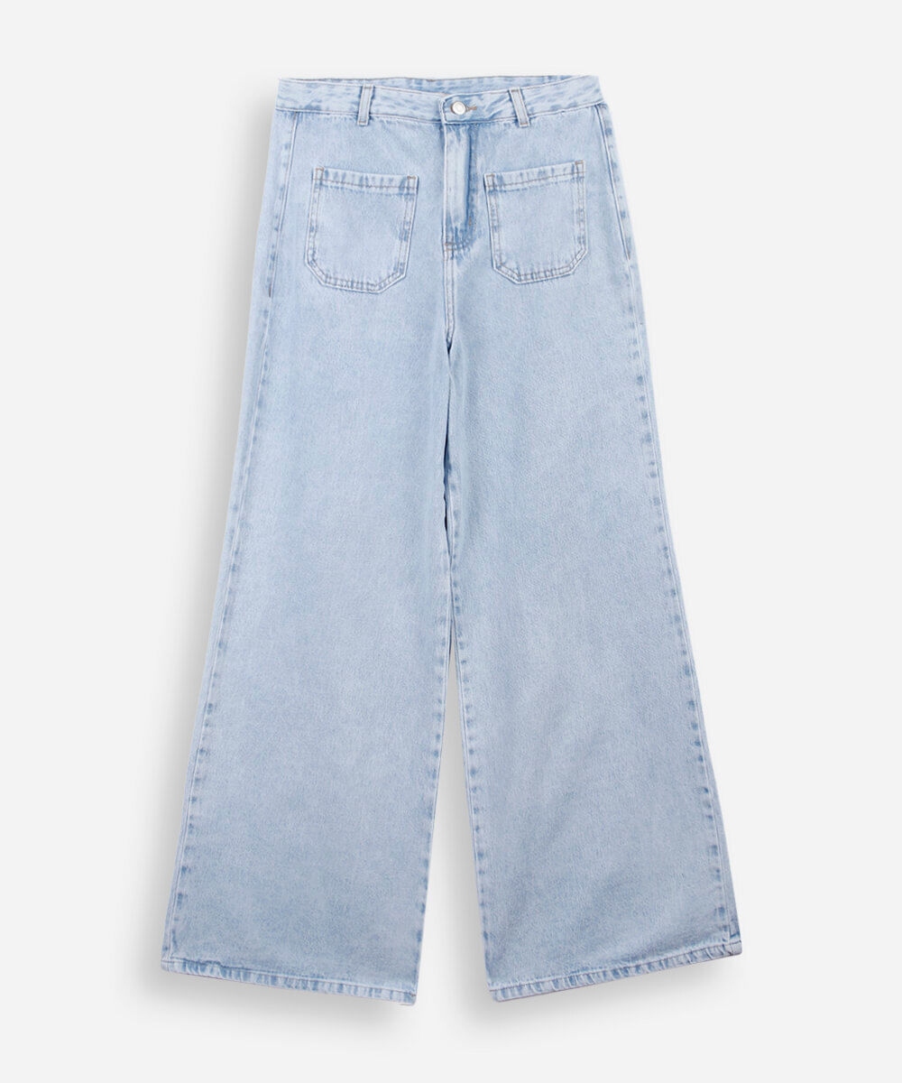 Calça Wide Leg Estampada Com Bolsos calça jeans wide leg juvenil com bolsos azul