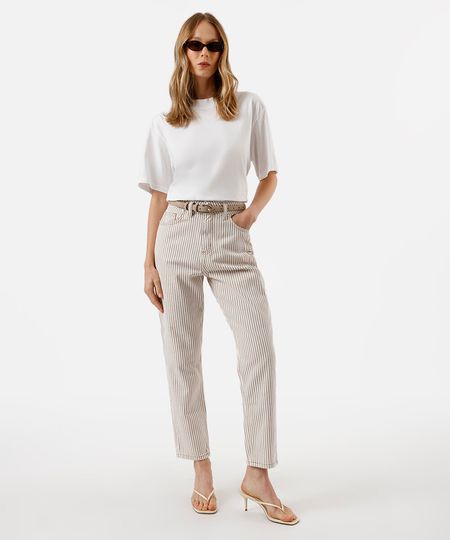 calça mom feminina de sarja listrada bege 34 calça mom feminina de sarja listrada bege 34