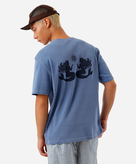 camiseta masculina de algodão estonada estampada azul PP